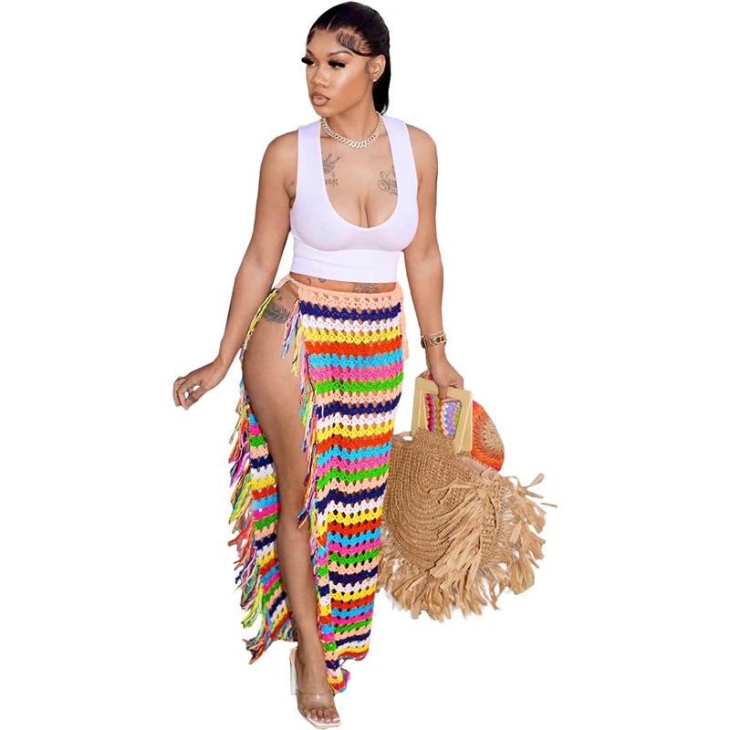 Colorful Crochet Tassel Maxi Skirts & Hat