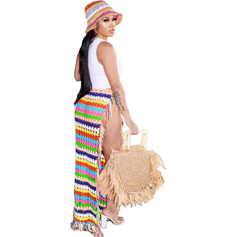 Colorful Crochet Tassel Maxi Skirts & Hat