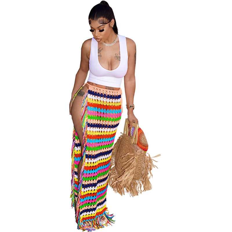 Colorful Crochet Tassel Maxi Skirts & Hat