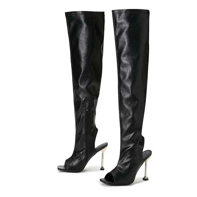 Sexy Zip Metal Thin Heels Thigh High Boots