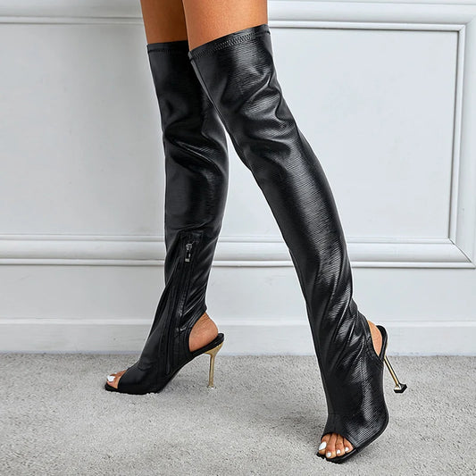 Sexy Zip Metal Thin Heels Thigh High Boots