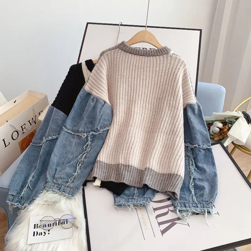 Frayed Patchwork Denim Sweater