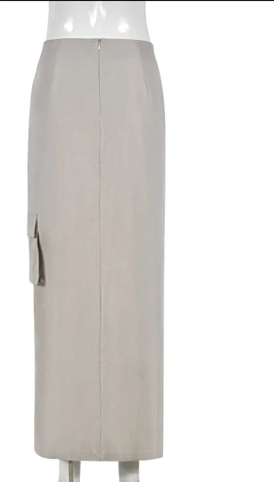 High Slit Maxi Skirt with Belt & Pockets