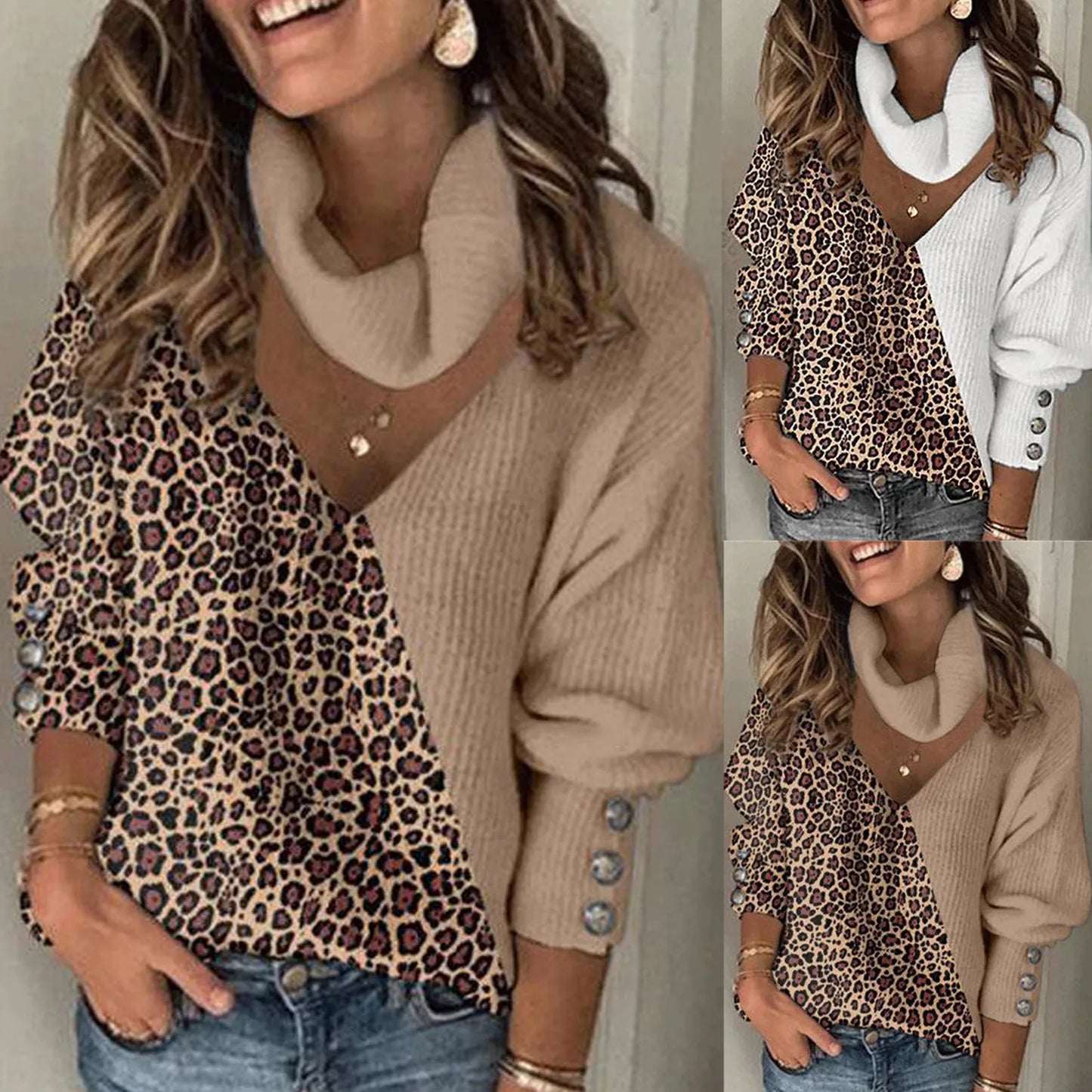 Leopard Print Patchwork Knitted Sweater