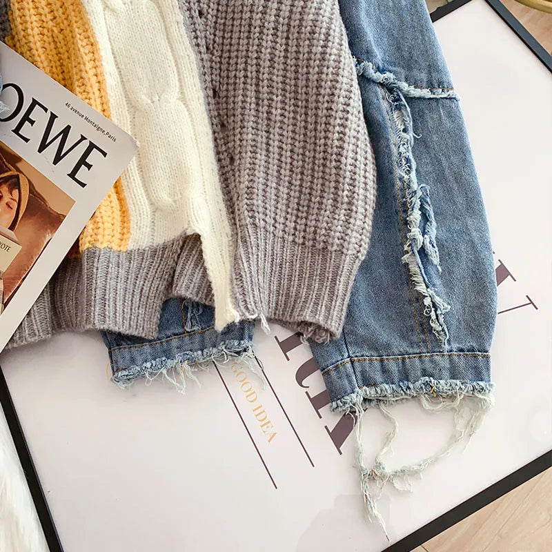 Frayed Patchwork Denim Sweater