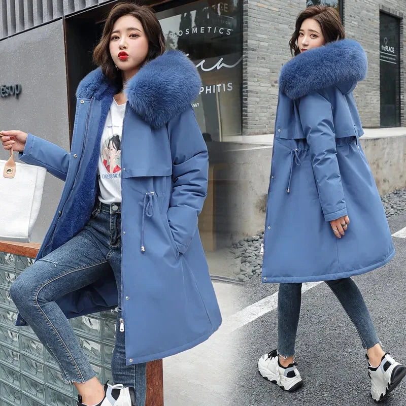 Thick Wool Hooded Jacket with Fur Collar