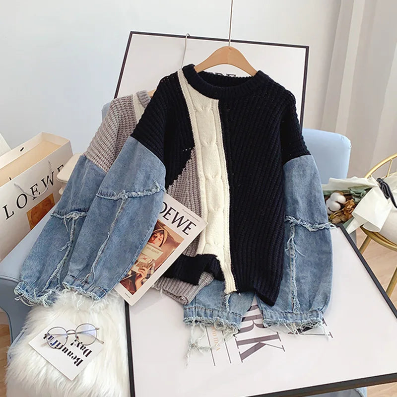 Frayed Patchwork Denim Sweater