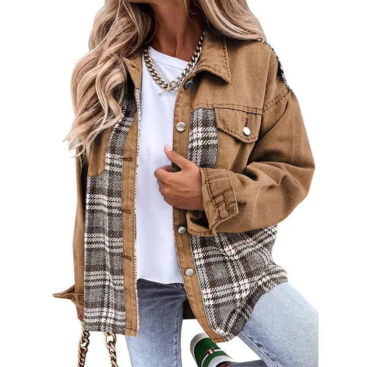 Elegant Vintage Plaid Denim Jacket