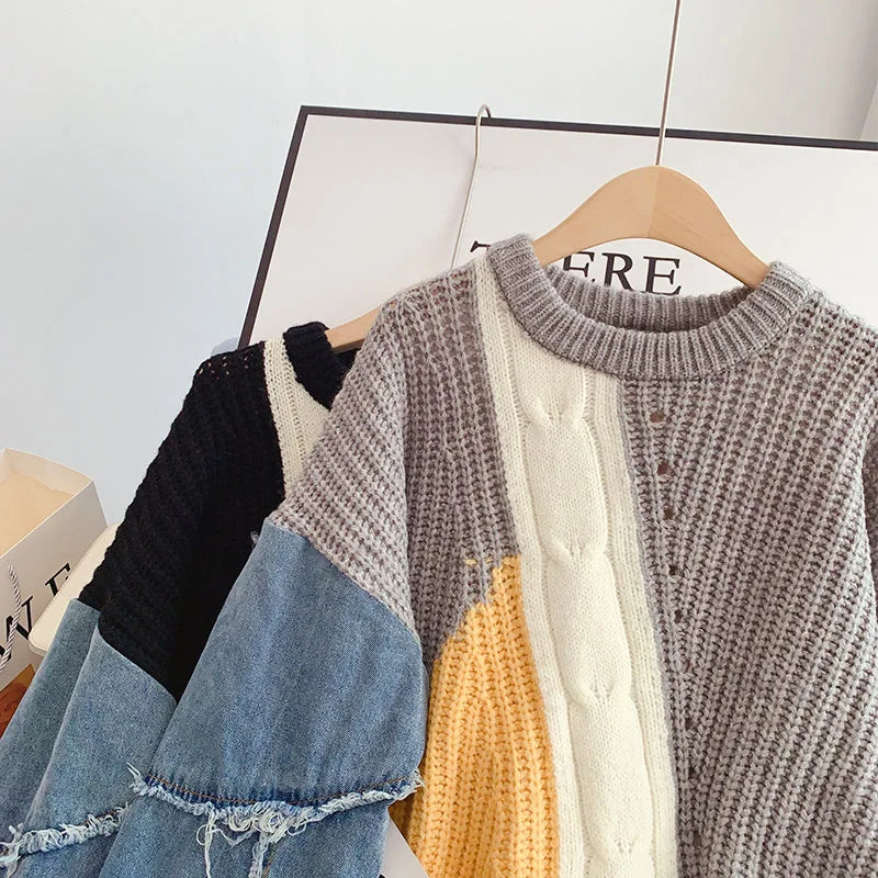 Frayed Patchwork Denim Sweater