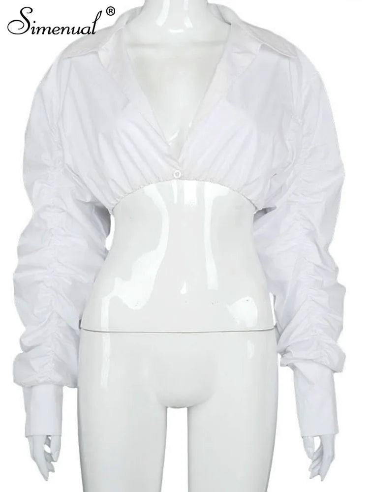 White Puff Sleeve Blouse - Simenual Ruched