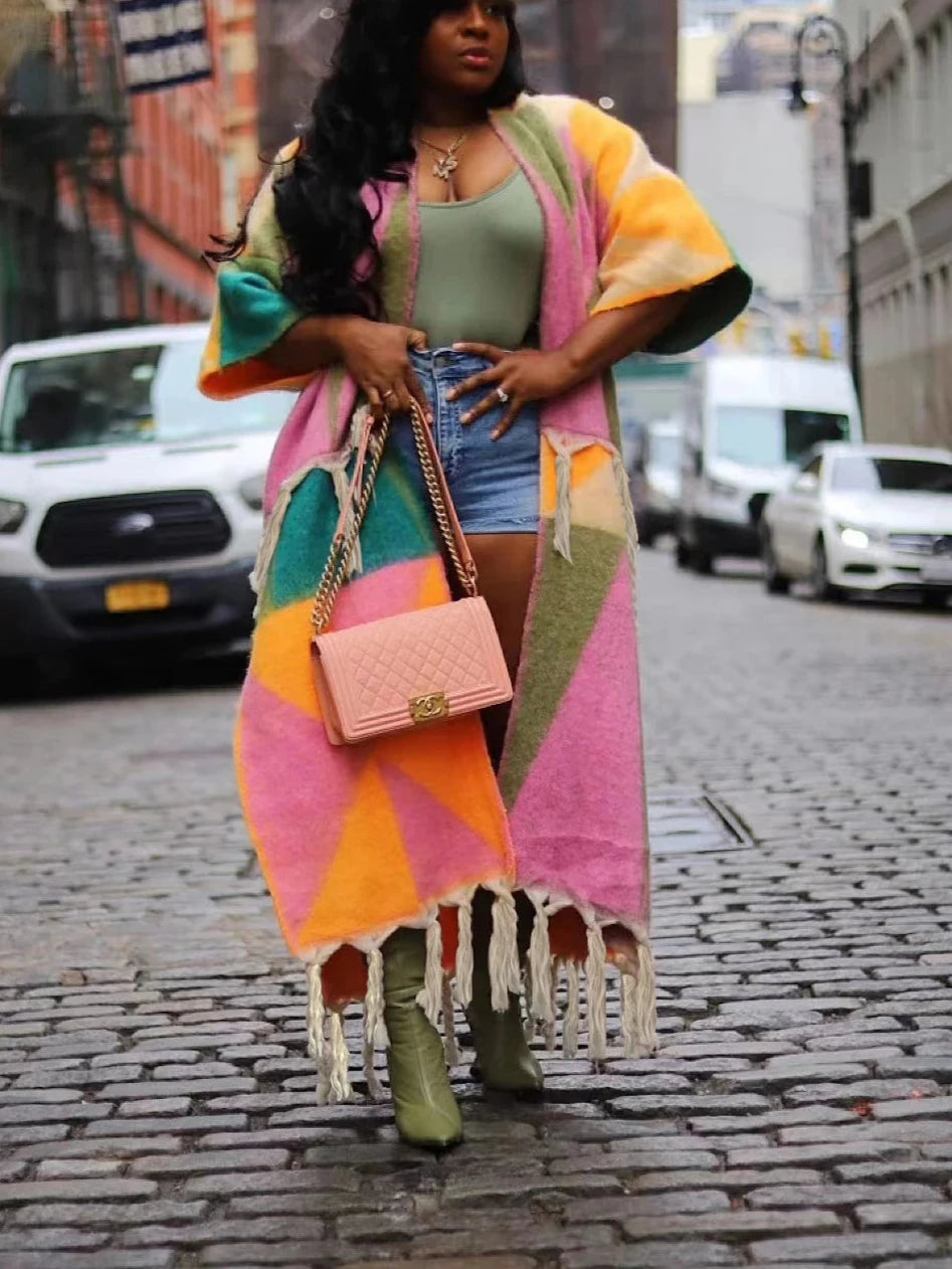 Colorblocked Batwing Sweater with Tassels