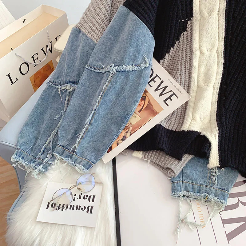 Frayed Patchwork Denim Sweater